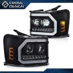 CROSSDESIGN LED DRL Tube Projector Headlights Fit For 2007-14 GMC Sierra 1500 2500HD 3500HD