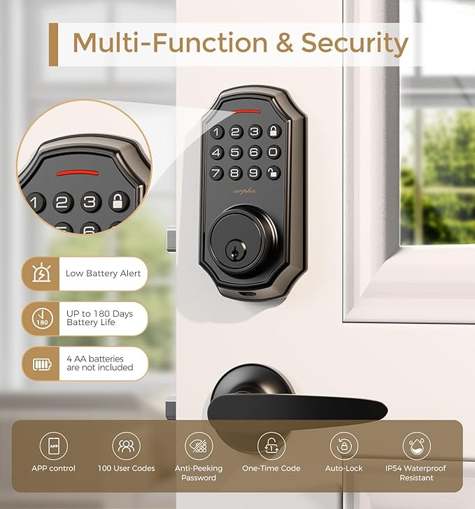 ARPHA D180 Keyless Door Lock with 50/100 Codes, Smart Lock with Anti Peeping Password, Keypad Deadbolt One Touch Locking, Auto Lock, Easy Install.Multiple styles to choose from, APP version&no APP version; With door handle&without door handle