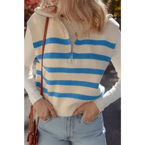 Women's Light Blue Ribbed Half-Zip Collared Sweater Vest, Lady's Striped Zipper Top