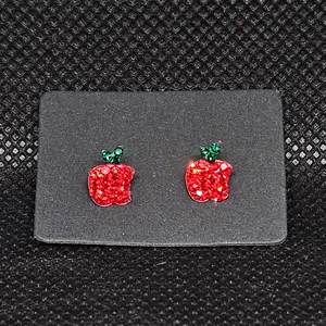 Apple CZ Stud Earrings – ¼” Cute Fruit Design with Screwball Backs