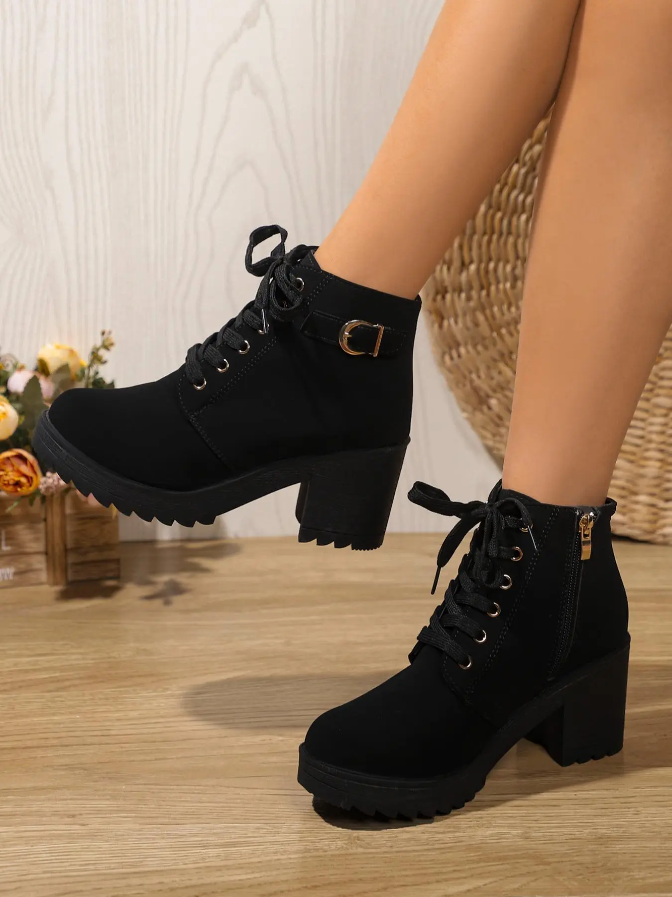 Women's Chunky Heel Thick Sole Ankle Boots, Side Zipper Lace-Up High Heel Boots, Fall Winter Casual Fashion Shoes Footwear