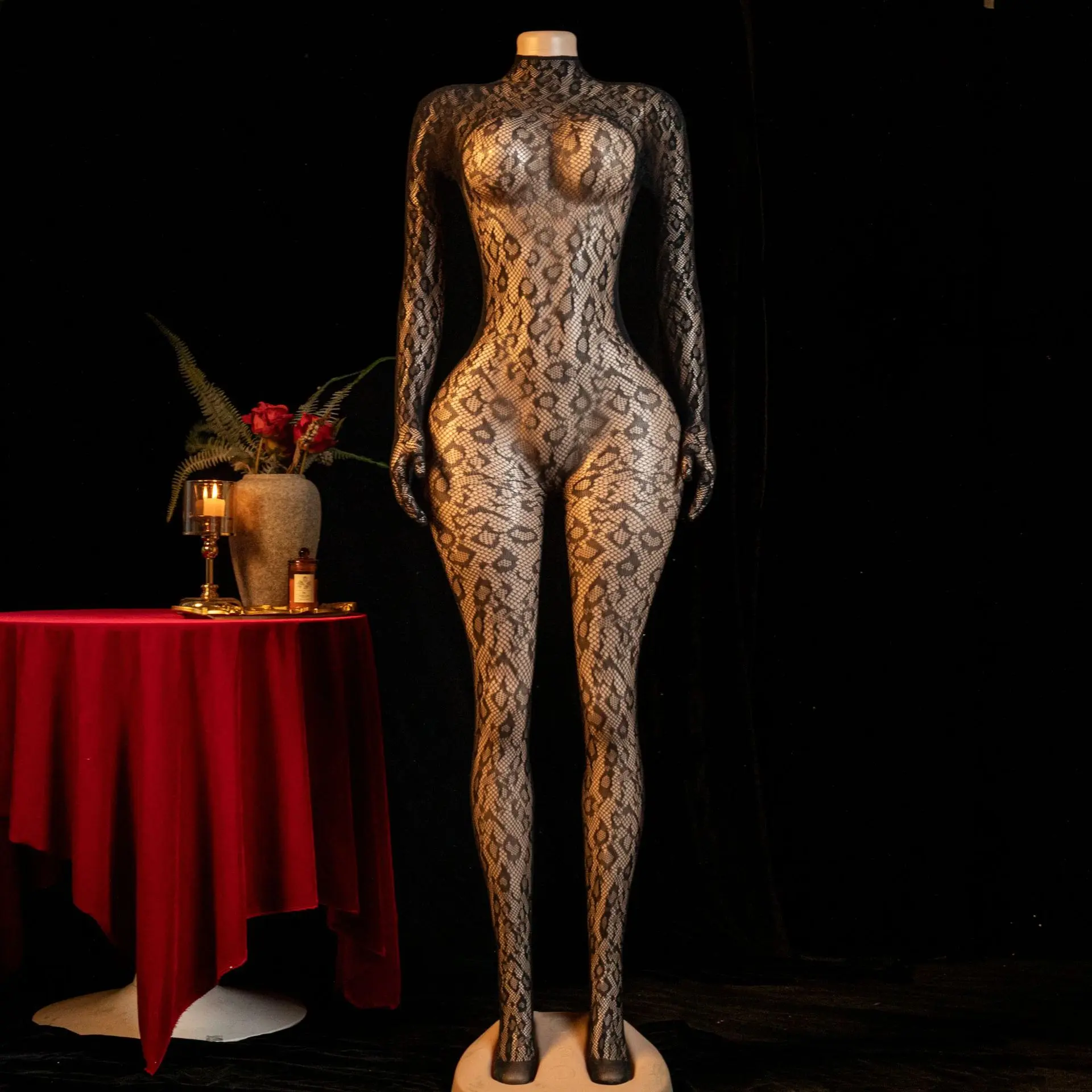 Women's Slim-Fit Leopard Print Mesh Bodysuit - Sleeveless Round Neck Nylon Lingerie with Sheer Floral Fishnet, Lace Garter, Comfortable Chic Accessories, Style for Christmas Private Party, Clubwear, Vintage Versatile Gift