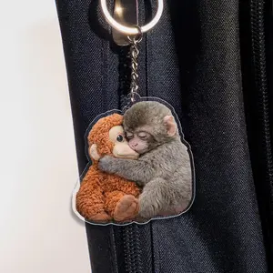 Punch Monkey Keychain, Cute Baby Monkey Hugging Plush Acrylic Keychain, Team Punch Gift