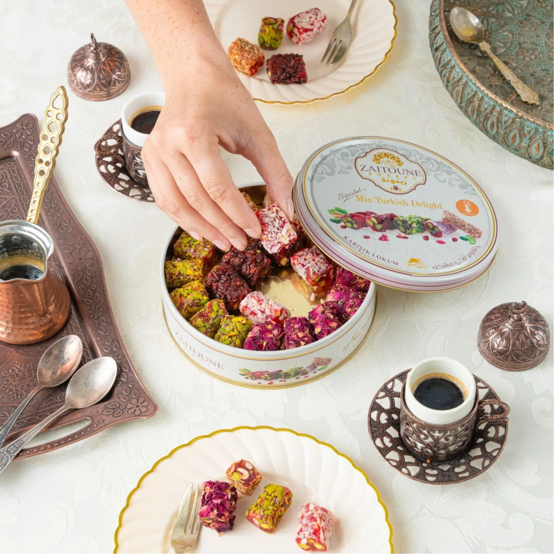 Zaitoune Authentic Turkish Delight Lokum - 250g Halal-Friendly Chewy Soft Fruit Sweet Candy, 4 Flavors (Pistachio, Rose, Mixed Fruit, Pomegranate) - Handmade Nut Snack for Middle Eastern Tea Pairing with Rose Aroma Hit