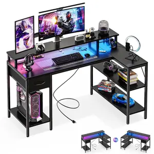 53” Gaming Desk with USB Charging Ports & LED Lights, Reversible L Shaped Desks Computer Corner Gamer Table with Power Outlets Monitor Stand Storage Shelves for Home Office Small Space, Black