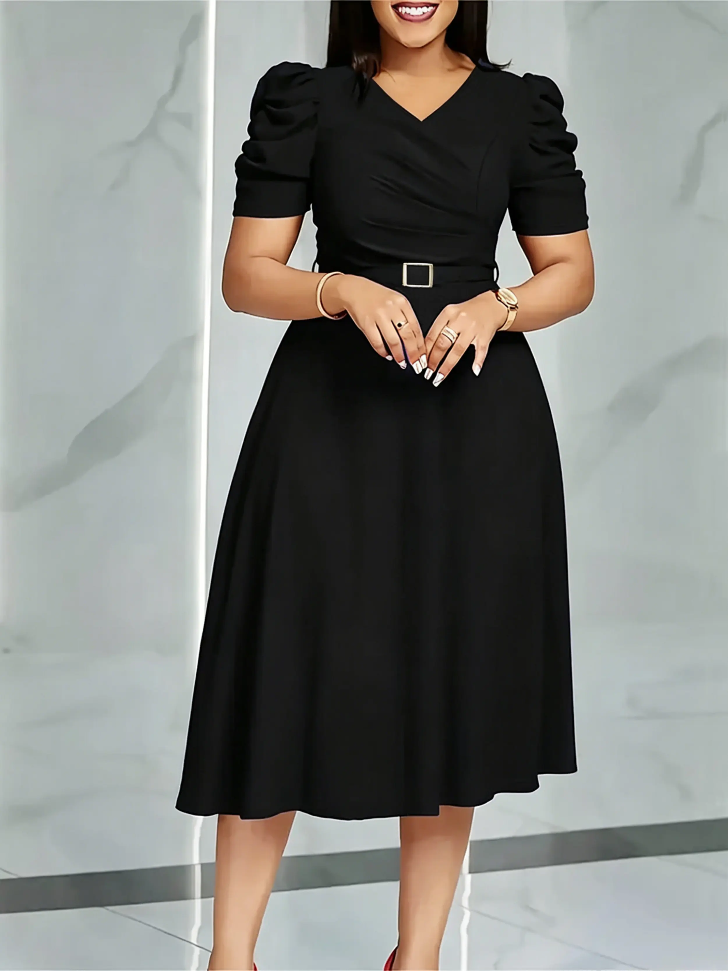 Women's Formal Sheath Dress, Elegant Solid V-Neck Business Office Dress with Zipper Front, Short Sleeves, and Belt, Formal Dresses