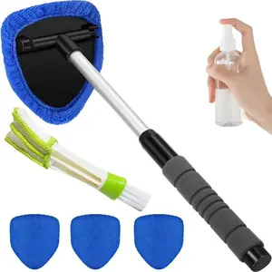 Windshield Cleaner Tool Kit with Extendable Handle 3 Microfiber Pads for Car Interior Exterior Glass Cleaning Supplies Aluminium Sponges Complete Set for Efficient Cleaning - Smooth Home Essentials