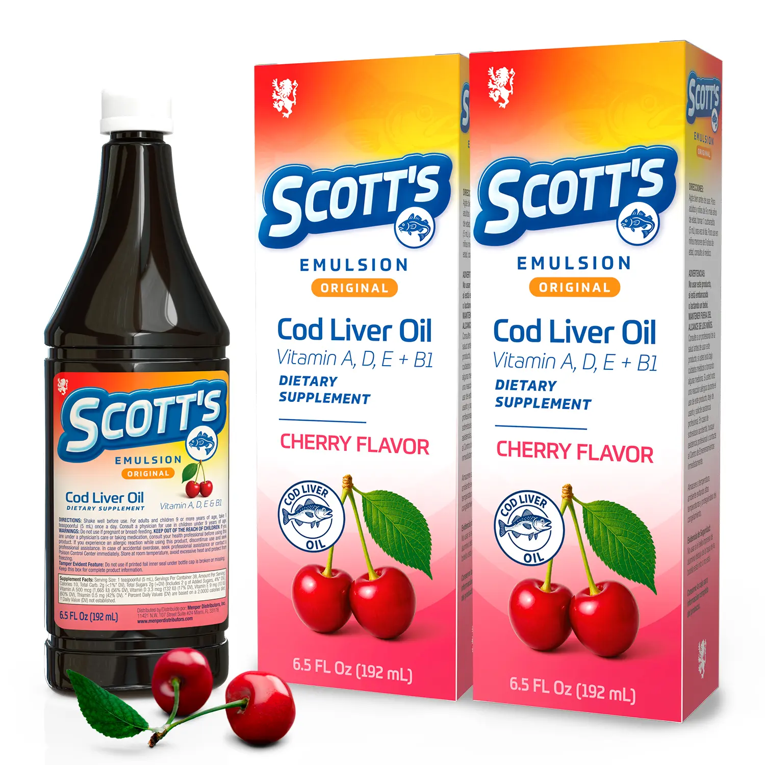 SCOTT'S EMULSION Cherry Flavor Cod Liver Oil Daily Dietary Supplement - 6.5 Fl Oz 2-Pack (2 Bottles) for Steady Use, Vitamin A&D Help, Immunity Boost, Brain Health Support for Children, Liquid Multivitamin