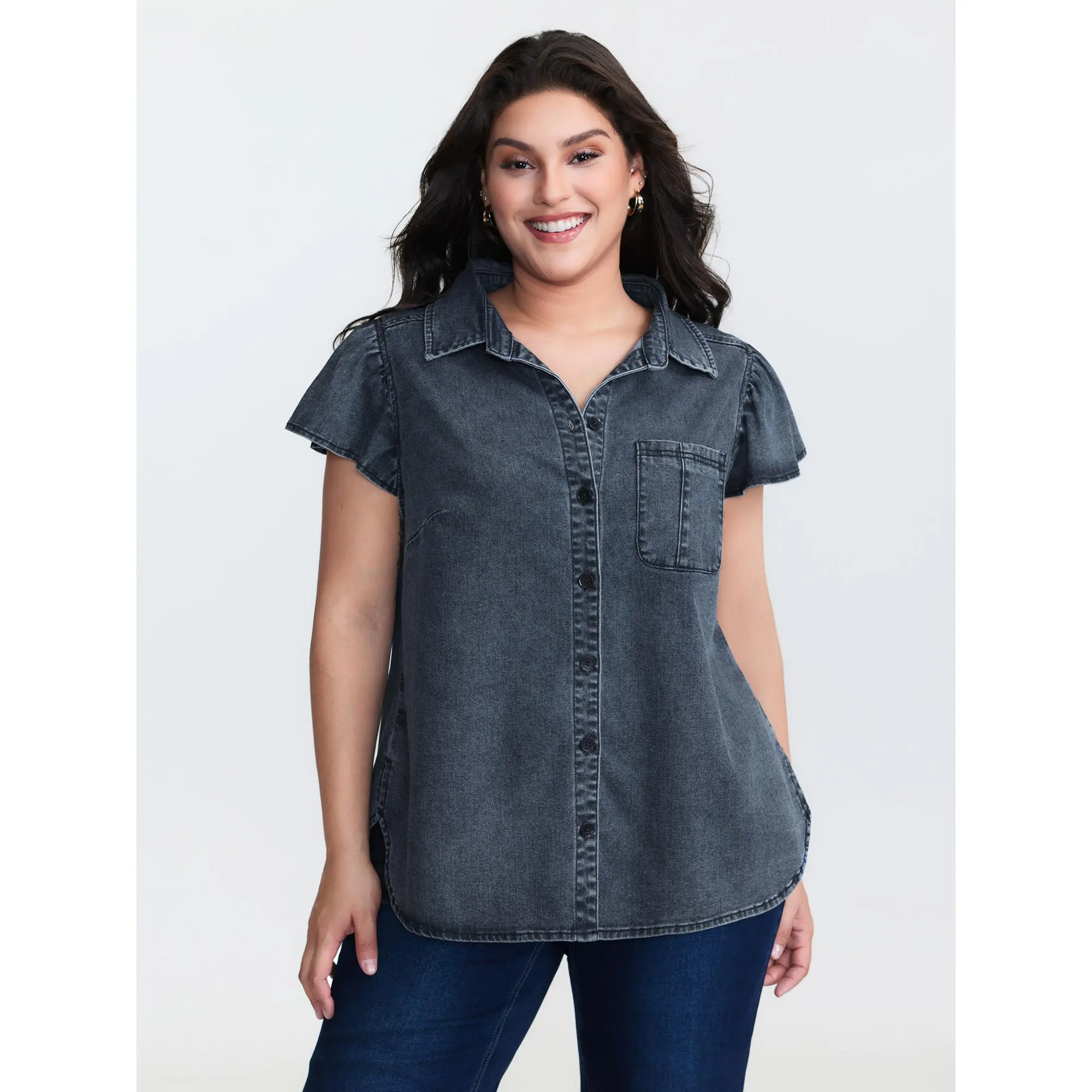 BloomChic Plus Size Women's Leisure Denim Blouse with Stretchy Lotus Leaf Sleeves and a Patch Pocket, Solid Mid Blue, Shirts, Fabric, Denim Top, Garment, Fit, 14-16/1X, All Seasons, Casual, Cotton, Do Not Tumble Dry