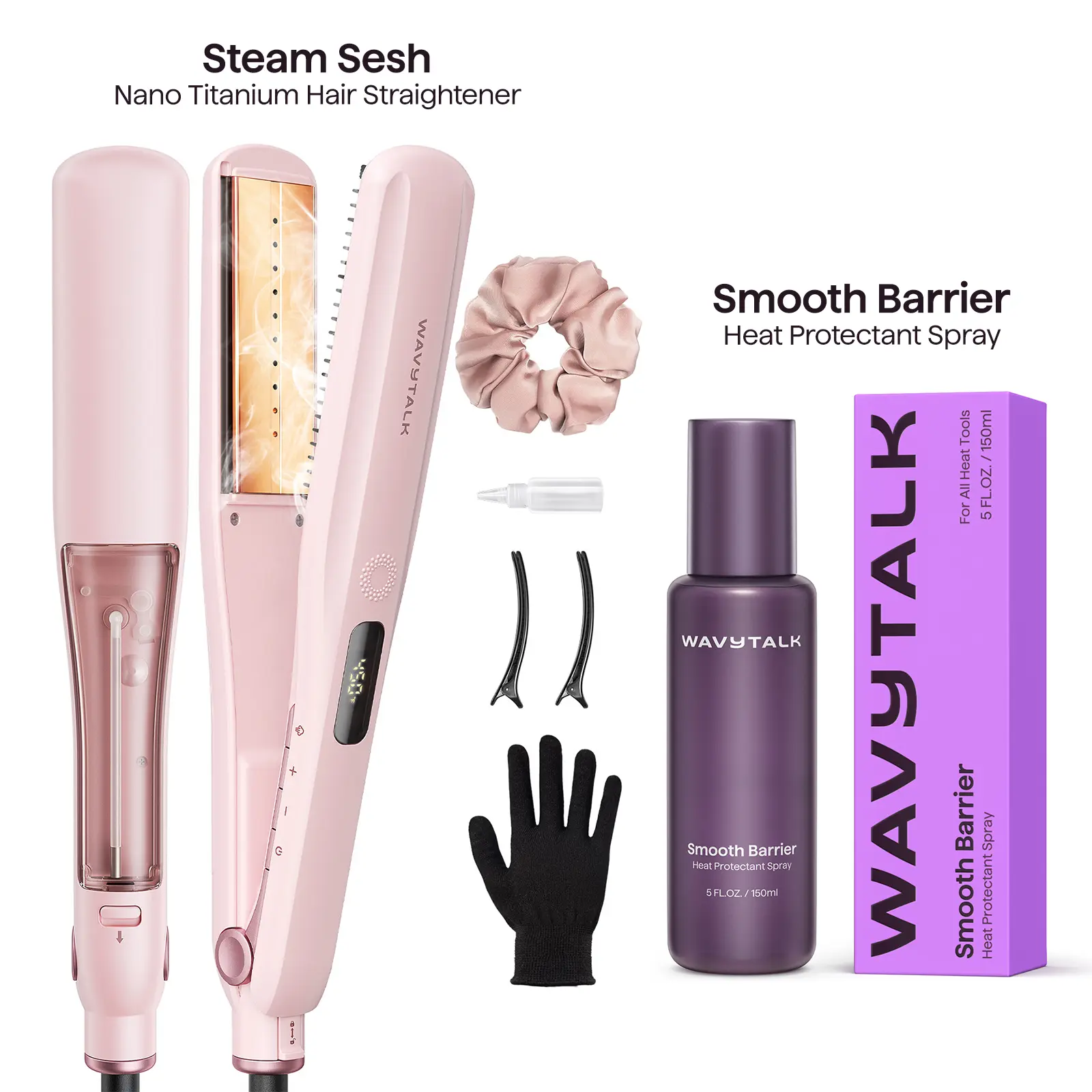 Wavytalk Steam Sesh Hair Straightener and Smooth Barrier Heat Protectant Spray Set, Hair Products, Silky Straight Hair