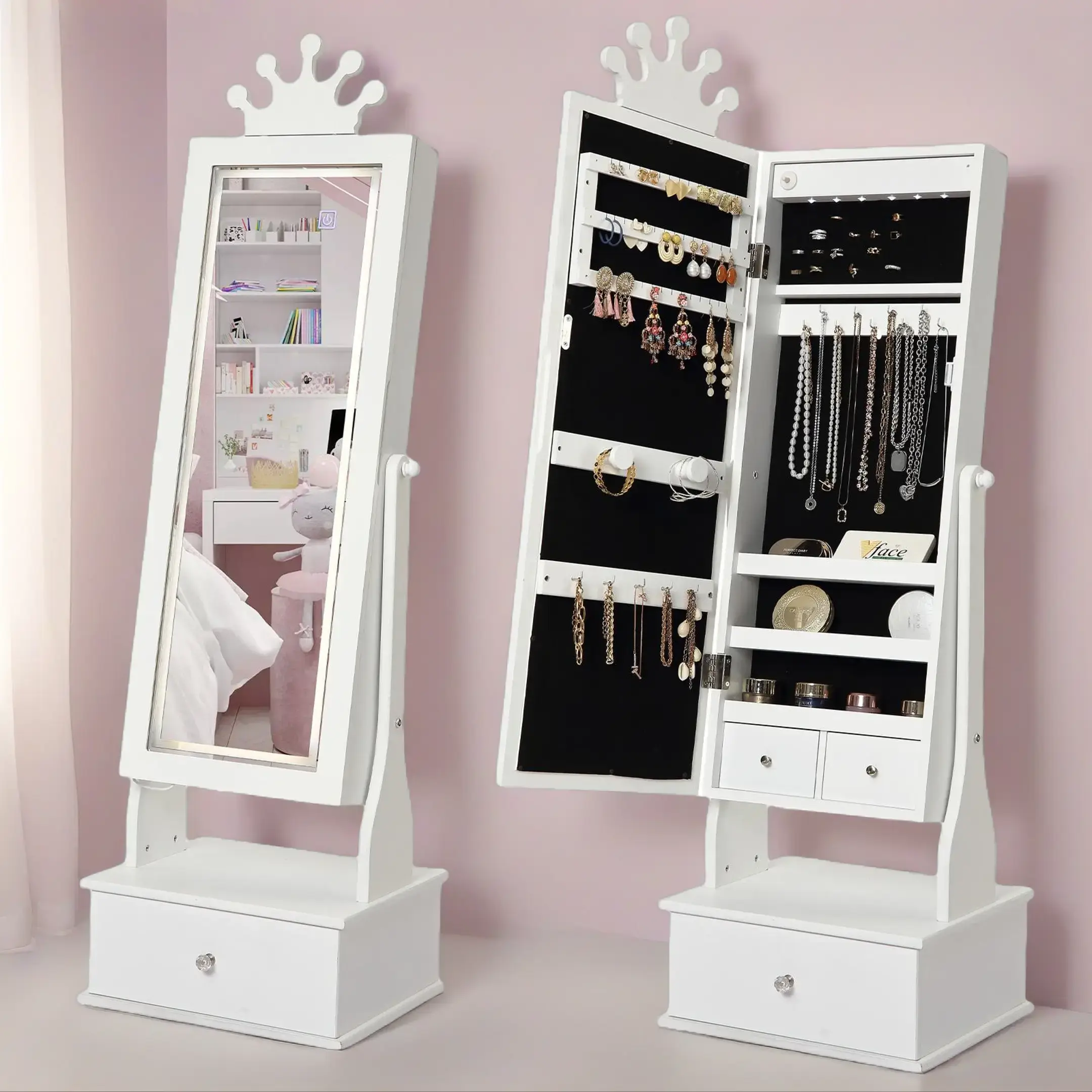 Kids' Freestanding Wood Jewelry Armoire Cabinet with 46" Full-Length Mirror, LED Light, Adjustable Tilt, 3 Storage Drawers, Smooth Velvet Compartments, Magnetic Closure - Wall-Mountable Wardrobe Accessory for Bracelet Storage, Girls' Gift Organizer Vanity