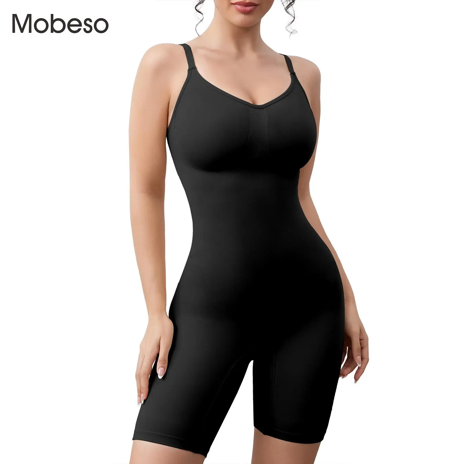 Mobeso Women's Seamless mid Thigh Tummy Control Shapewear, Slimming Bodysuit with a Breathable Sculpting Design, Waist Butt Lifter Womenswear fajas woman style Control V-Neck Bodysuit Activewear Minimalist Sports Clothes perfect body suit summerwins