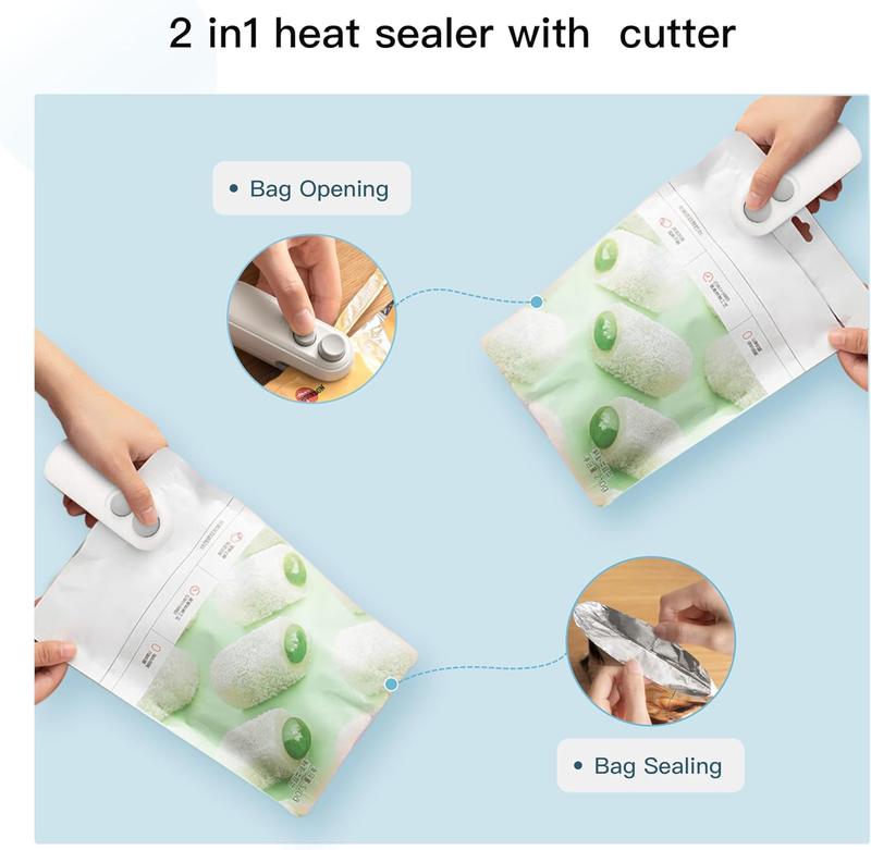 Mini Snack Bag Sealer Machine, Rechargeable 2 in 1 Snacks Mini Bag Sealer with Cutter, Keep Food Fresh, Plastic Electric Heat Sealer,White Plastic Bag Sealer, Ideal for Selling Bags