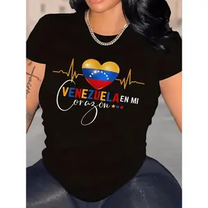 Trendy Summer Outfit Lady Venezuelan heart pattern printed T-shirt, round-neck short-sleeved blouse, casual top, regular length, suitable for all seasons and comfortable to wear throughout the year.
