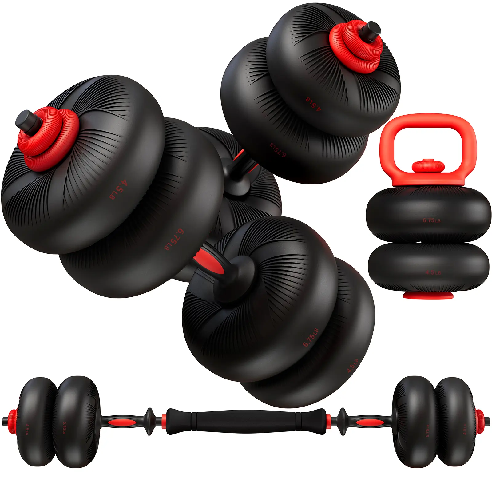 LIFERUN 4-in-1 Adjustable Dumbbell Set, 45 lb or 67 lb Soft PVC-Coated Free Weights Convertible to Dumbbells, Barbell, Kettlebell and Weight Plates, Space-Saving Home Gym Equipment for Strength Training and Full-Body Workouts