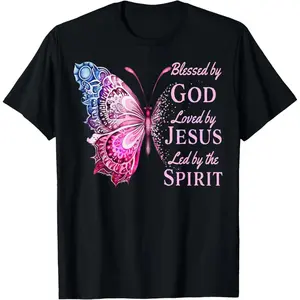 Divine Blessings and Jesus Love Pink Butterfly Graphic Casual Cotton T-Shirt