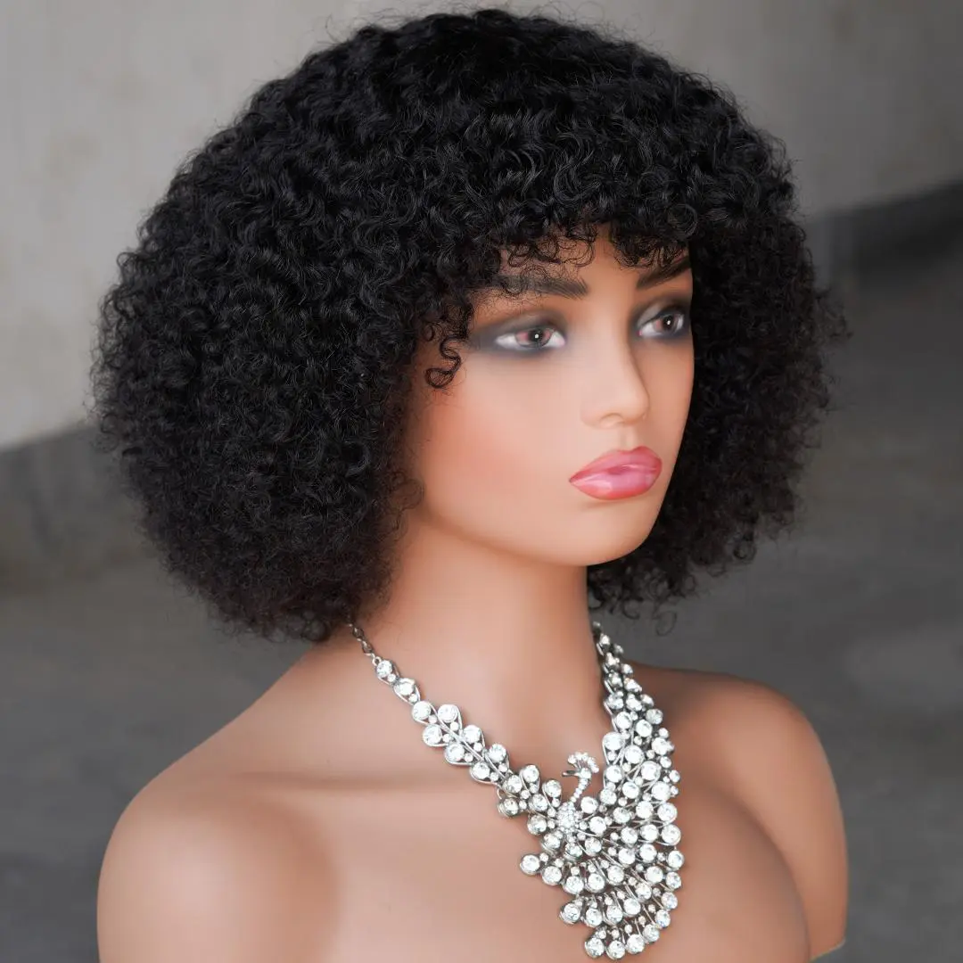 12inch Black Soft Curly Wavy Wig With Bangs  Human Hair Rose Breathable Gluefree Elastic Mesh