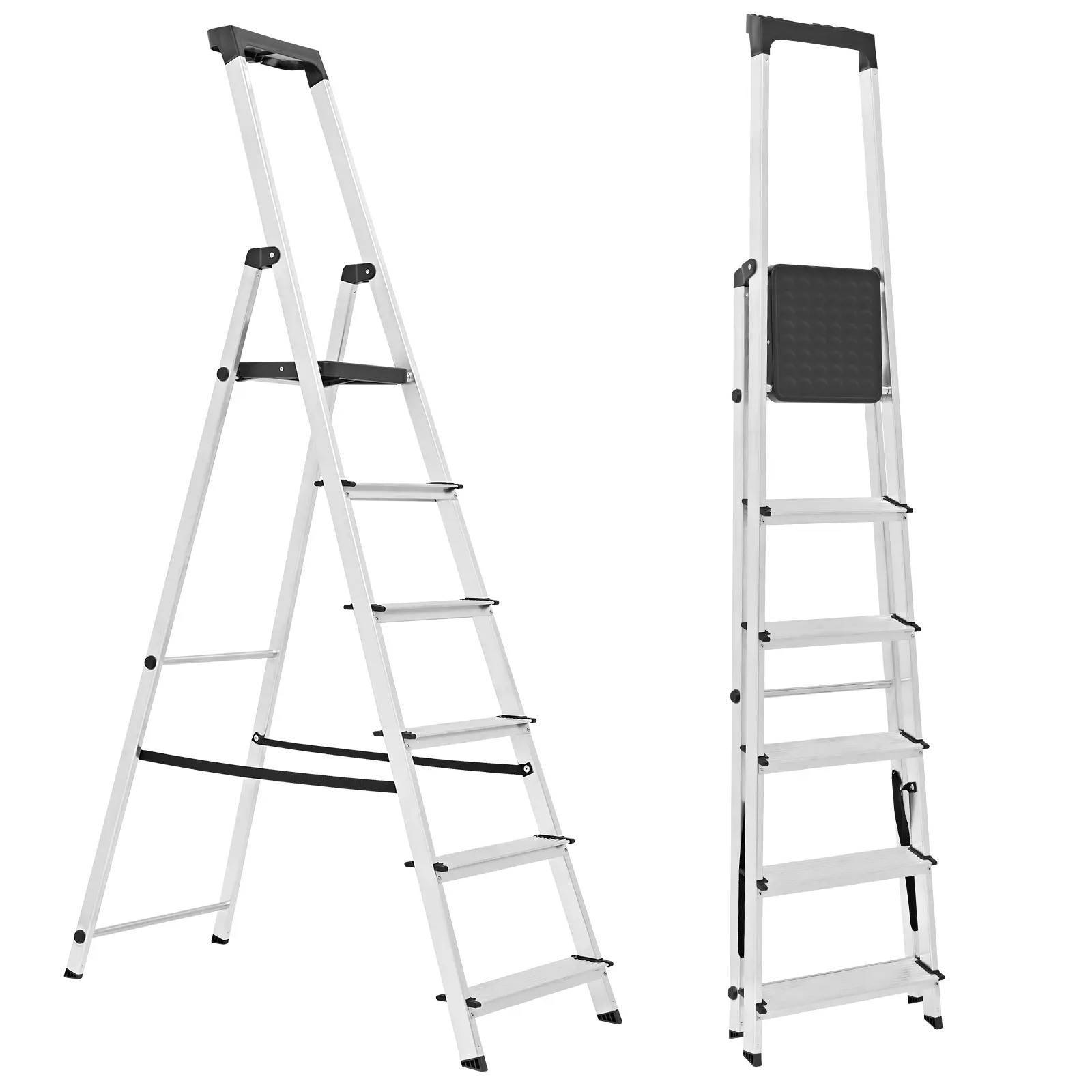 Sweetcrispy Lightweight Foldable Aluminum Access Ladder with Folding Steps, 330 lb Capacity - Non-Slip Steps, Safety Rails, Steel Platform, Tool Tray, Slim Fold for Home & Garage, Silver, Access Ladder Folding Steps