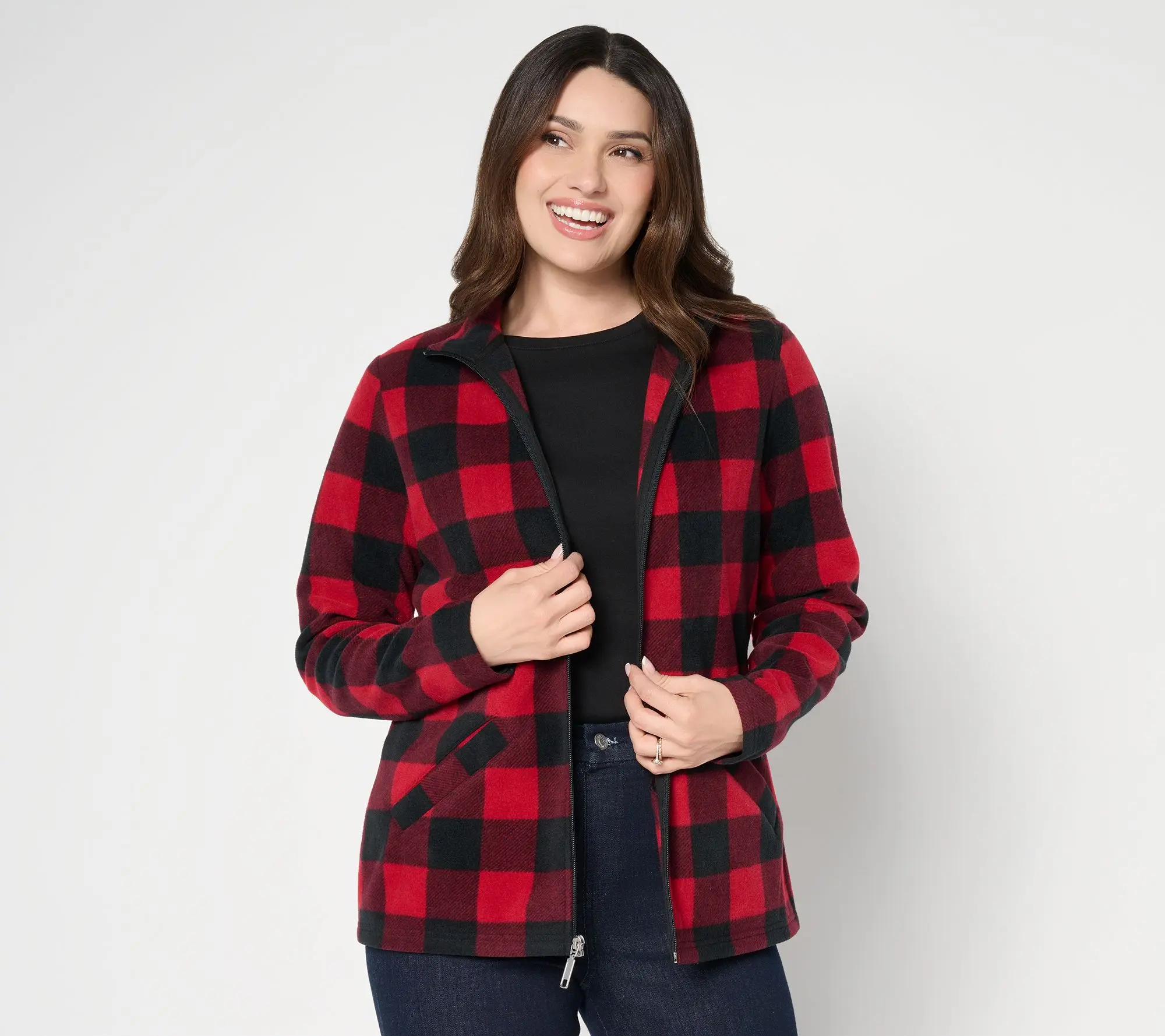 Denim & Co. Printed Fleece Zip Front Long Sleeve Jacket with Pockets