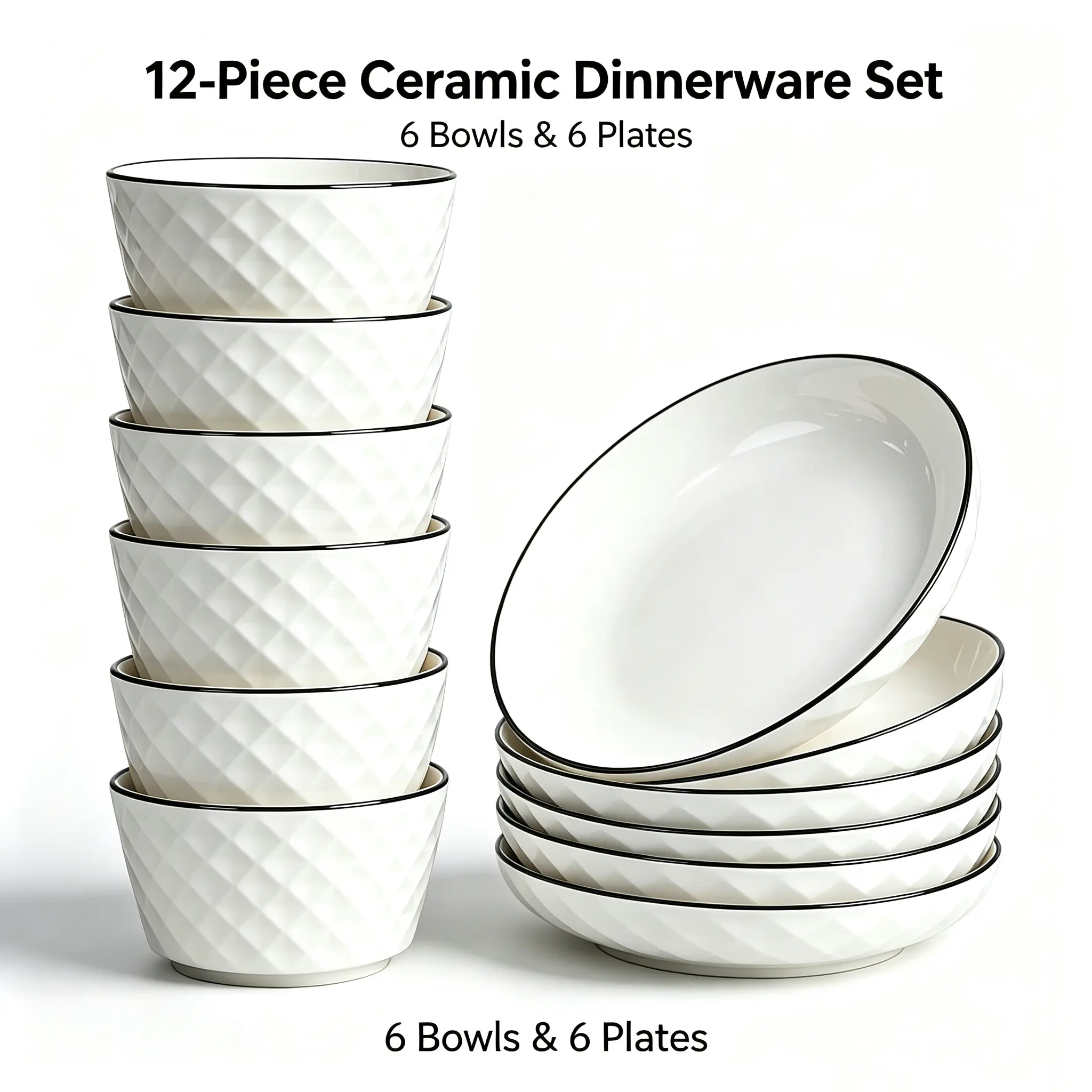 12-Piece Modern Round Ceramic Dinnerware Set - 6 Dinner Plates, 6 Cereal Bowls, Heat-Resistant Striped Dishes, Dishwasher Safe, Adult-Friendly, Ideal for Above 11 People, Housewarming Gift