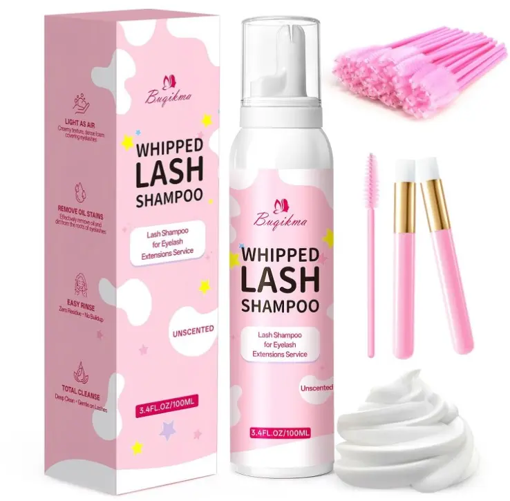 Buqikma Whipped Lash Cream Shampoo Kit - Eyelash Cleansing Foam with Brush 3.4fl.oz/100ml Extension Remover for Eyelash Extensions Clusters at Salon & Home DIY Use (Unscented)