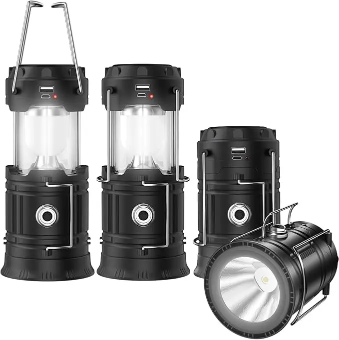 4-Pack Solar Camping Lanterns, Camping Accessories, TikTok Viral Emergency Light with USB-Solar-AA 3-Way Power, Collapsible Waterproof Flashlight for Power Outages & Hiking Survival, Outdoor Gadgets, Dustproof