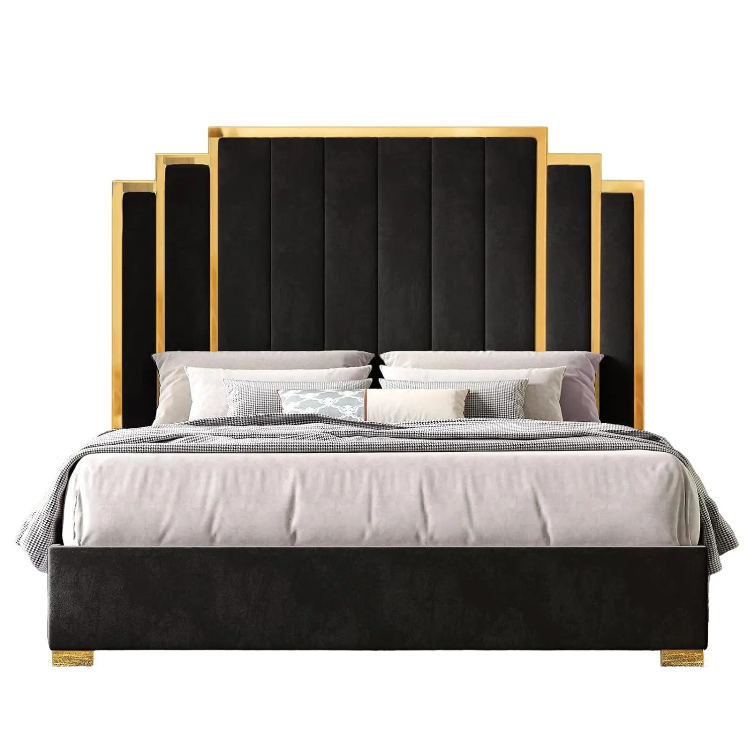 VanAcc Bed Frame and 65" Headboard, Upholstered Bed with Golden Plating Trim, Modern Platform Bed No Box Spring Needed/Christmas Gift #homemakeover