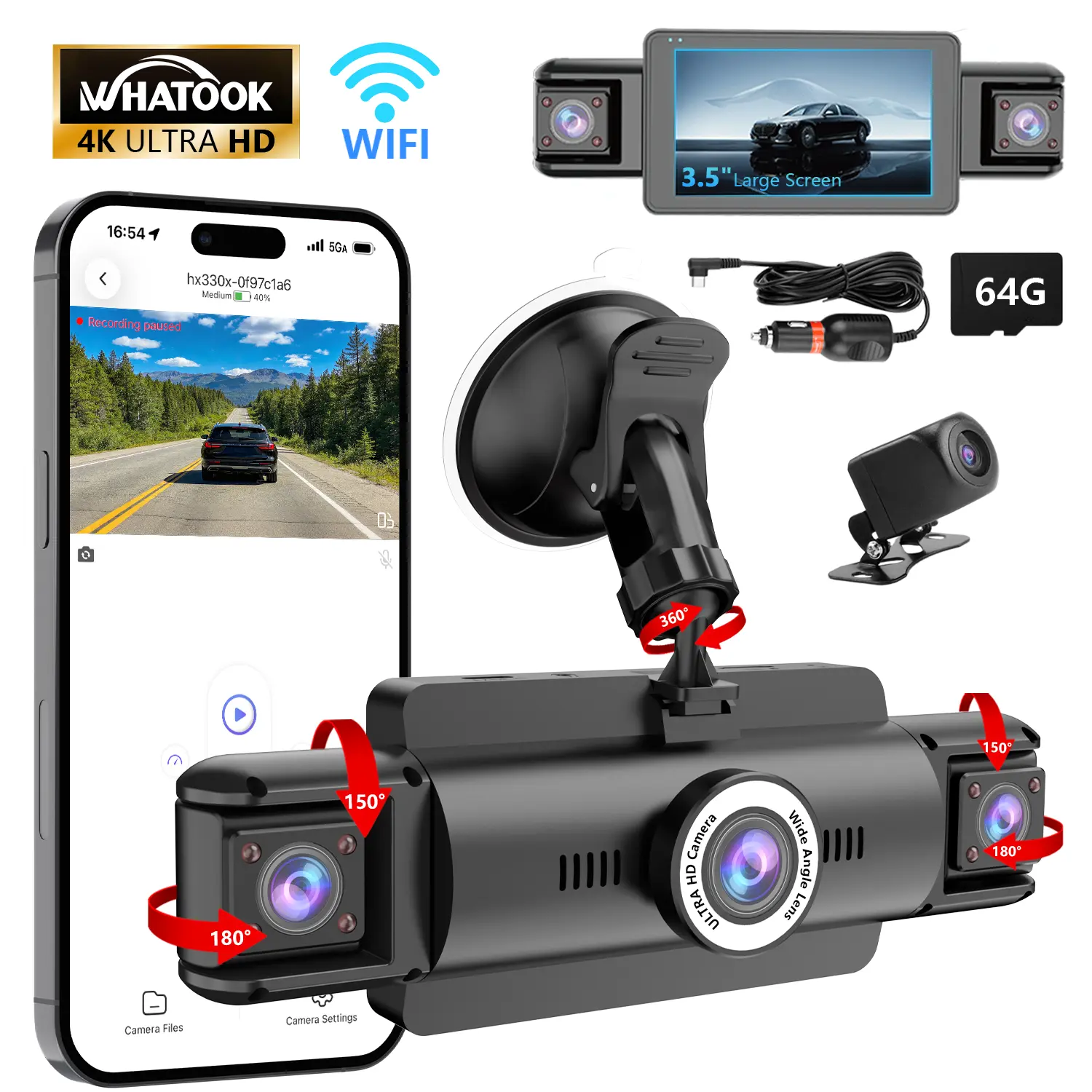 Whatook 4 Channel 360° 4K Ultra HD Dash Cam with 3.5" Display WiFi APP Control G-Sensor Voice Control Night Vision 24H Parking Mode 64GB SD Card Included