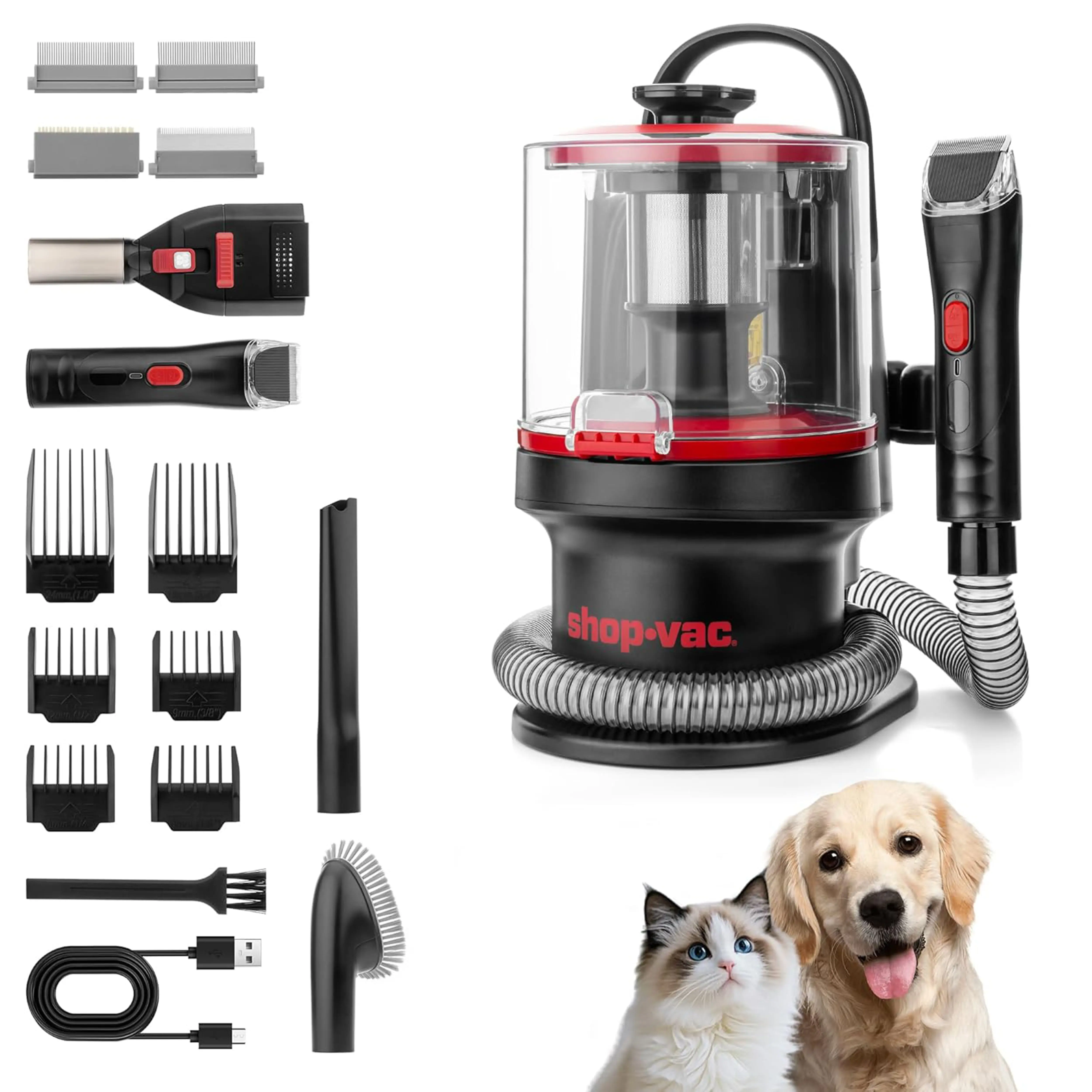 Shop-Vac® 4-in-1 Pet Grooming & Vacuum Complete Kit - Grooming Products for Dogs & Cats, 3 Suction Levels, 4 Grooming Brushes, Trim Tool, Fur Capture, Quiet Operation, 3.3L Washable Filter, Crevice Nozzle, Clean