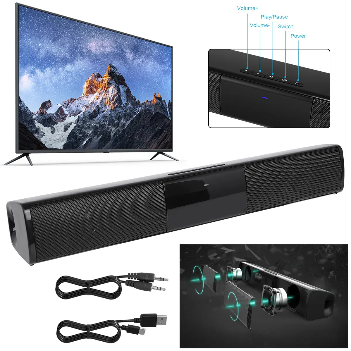 Bluetooth Soundbar For Smart TV buit-in 2 Speaker Surround Sound Bar Speaker System Home Theater Audio