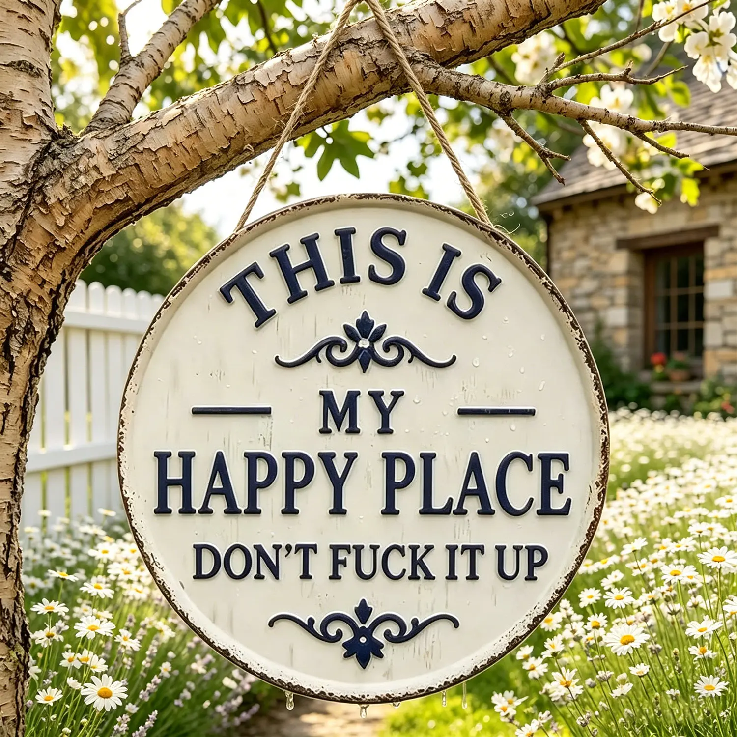 Funny Garden Metal Sign – “This is my happy place—don’t f*** it up” — 12×12 round vintage outdoor decor — rust-resistant aluminum welcome plaque for backyard, porch, fence, patio, bar, and gift, Decorative,summerwins