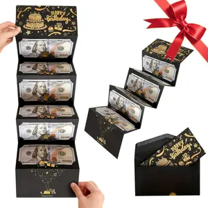 Black & Gold Happy Birthday Money Pull Box with Envelope – Unique Surprise Cash Gift Box for Men, Women, Him, Her, Friends & Family – Premium Foil Accents, Easy to Use, Perfect for Birthday Celebrations & Memorable Gifts