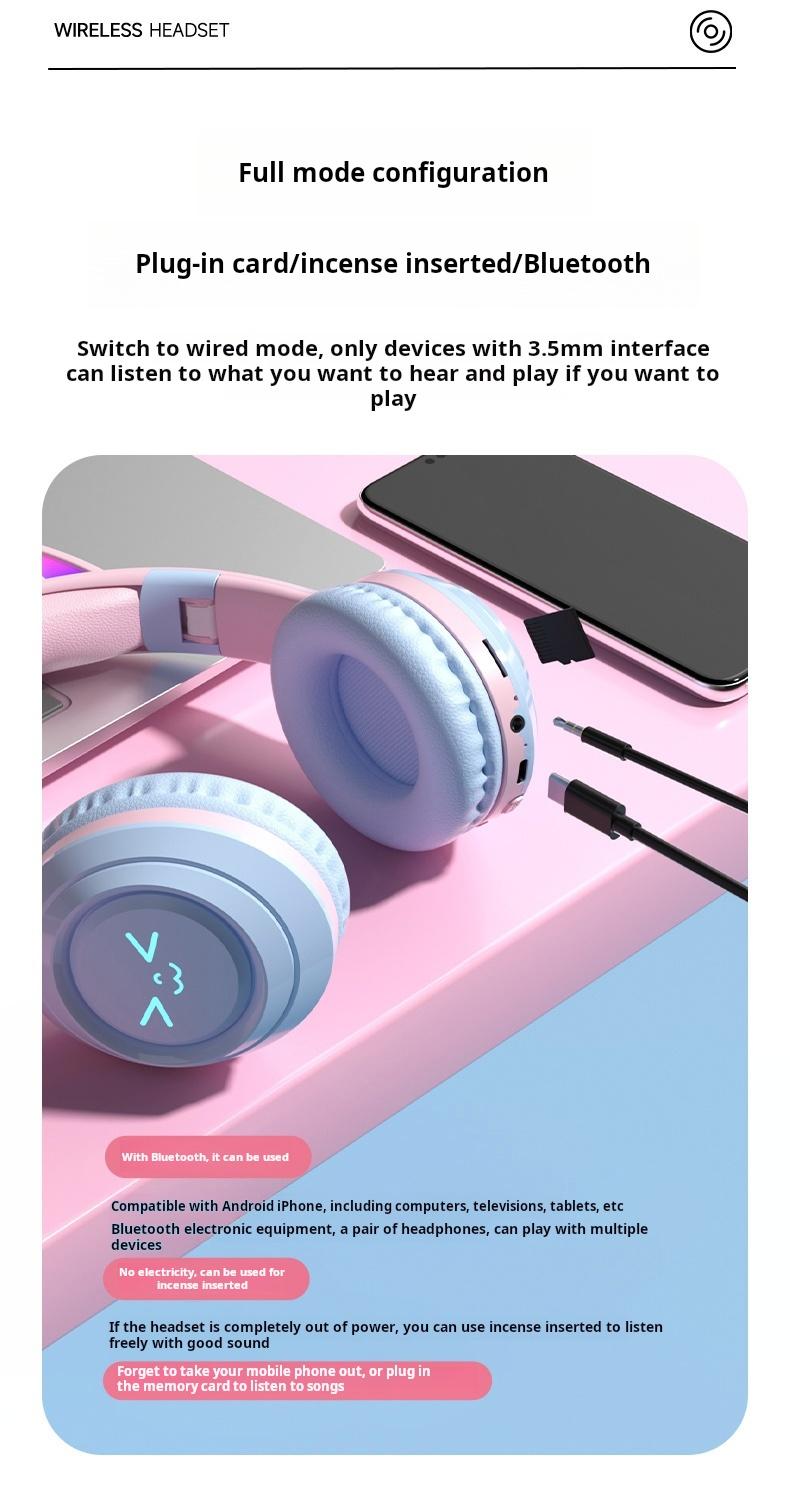ROEL-PLAY Wireless Bluetooth Cat Ear Headphones LED Light Up Foldable Over Ear with Built in Microphone Long Battery Life for Phone Tablet iPad Laptop Computer for Kids Teens and Adults Convenience