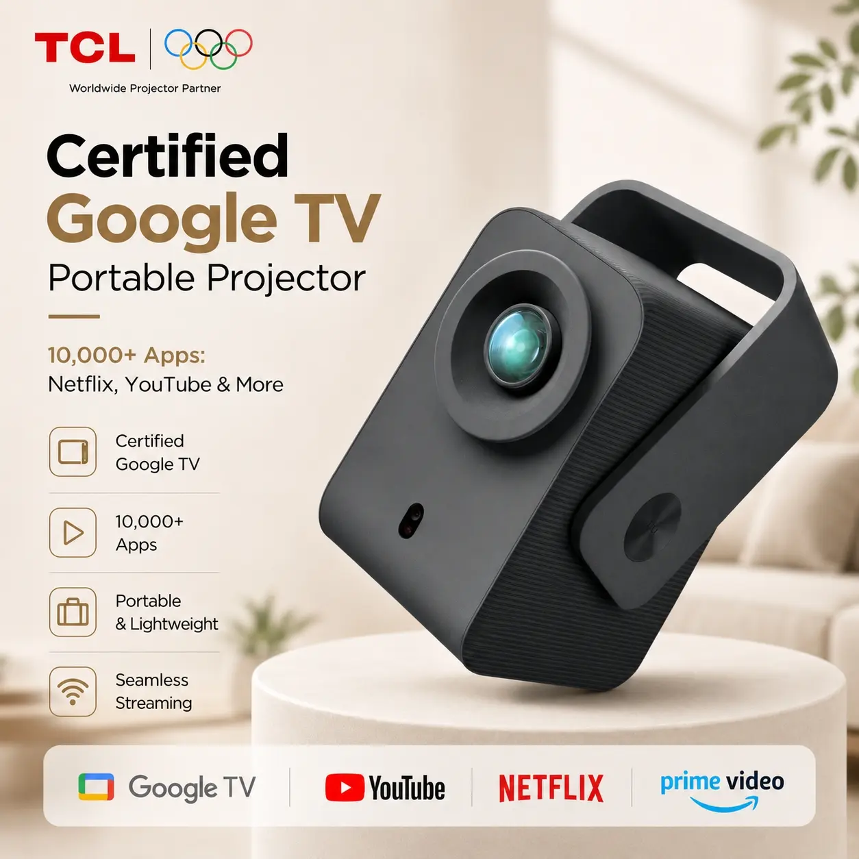 TCL C1 Smart Projector 4K Support, Google TV & Netflix Officially Licensed, WIFI and Bluetooth, Auto Focus Keystone, Native 1080p, Dolby Audio, 285° Portable Mini Projector for Home Theater tiktokshopbacktoschool
