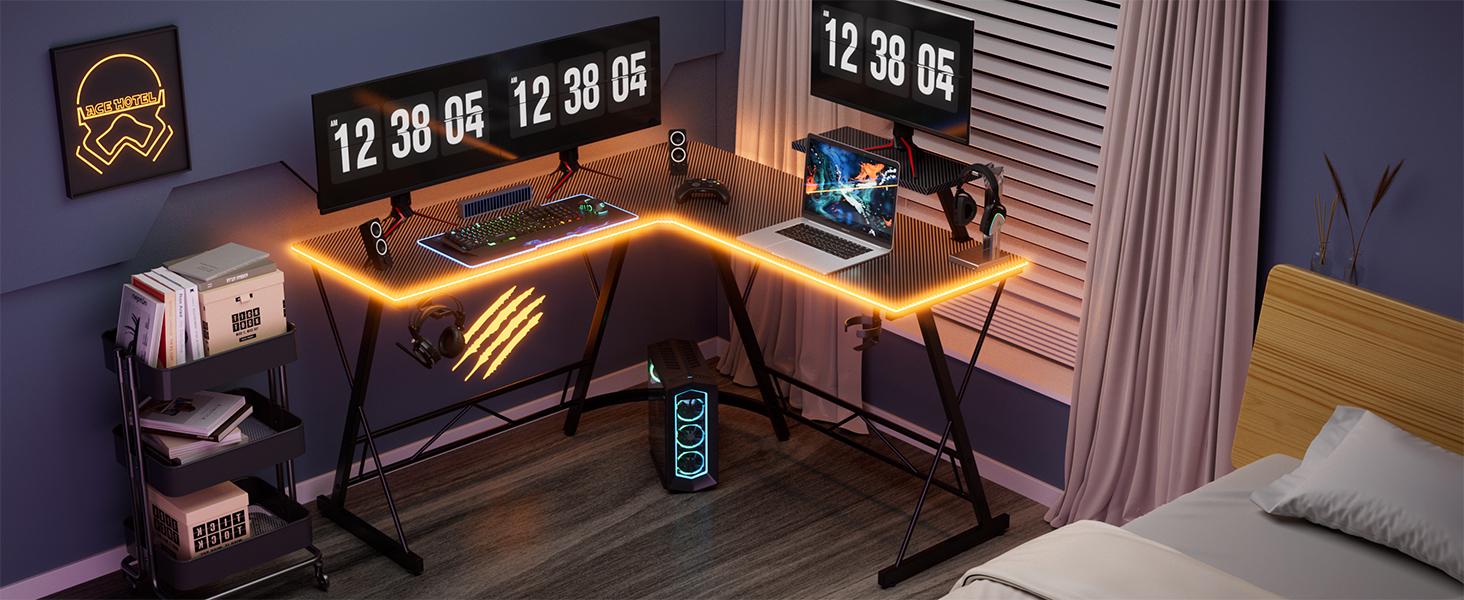 Mr IRONSTONE L Shaped Gaming Desk with Led Lights Corner Computer Desk with Carbon Fiber Surface, Home Office Desks Writing Workstation with Large Monitor Stand , Easy to Assemble 51 Inch Mr IRONSTONE L Shaped Gaming Desk with Led Lights Corner Computer Desk with Carbon Fiber Surface, Home Office Desks Writing Workstation with Large Monitor Stand , Easy to Assemble 51 Inch