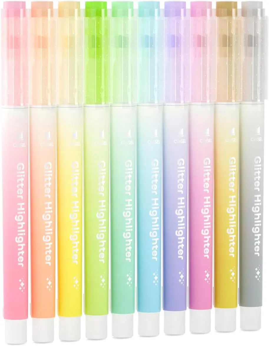 Shuttle Art Glitter Highlighters, 10 Sparkle Ink Chisel-Tip Fluorescent Markers, Quick-Dry Non-Toxic Plastic-Body Pens for Adults, Back to School & Office Supplies