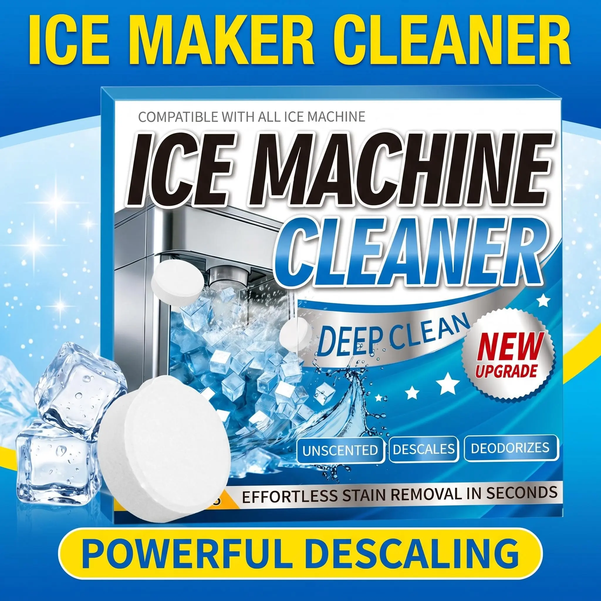 Household All-Purpose Cleaner Kit (Stainless Box) - 12/24/36-Pack Nickel Safe Ice Machine Cleaner Tabs, 12pieces Natural Ingredients Enzyme Plant-Based Bed Bug Spray, Citric Acid Dishwasher Descaling Agent, Countertop Mop Soap (Deodorizer, Freshener), Tab