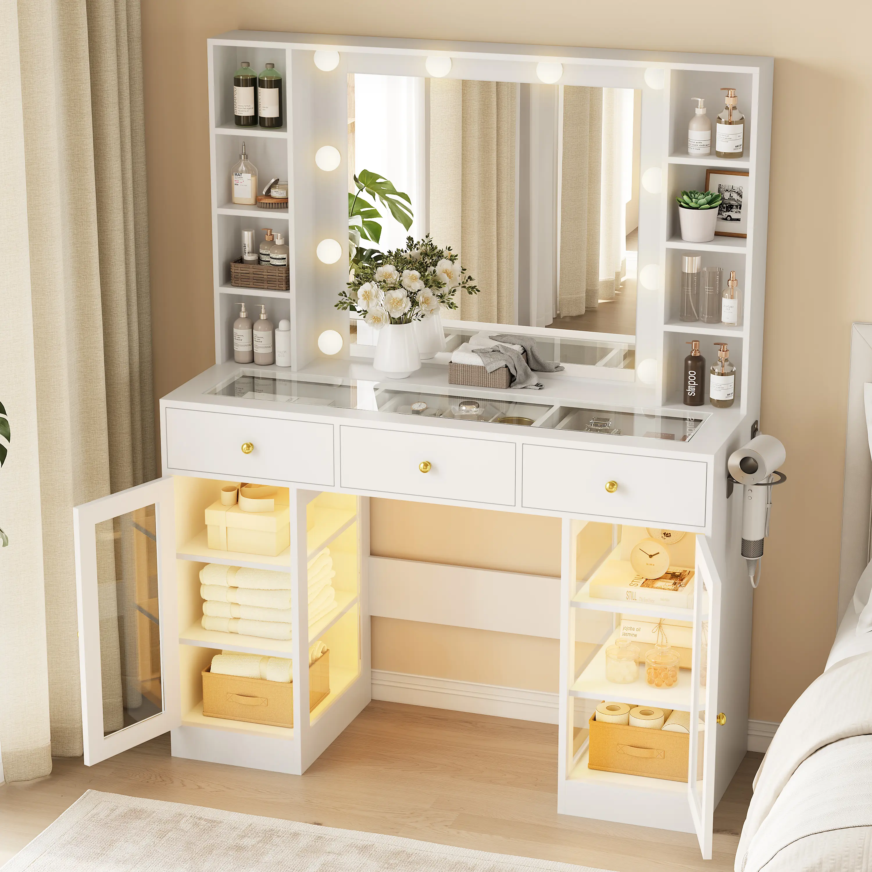 Makeup Vanity Desk with Mirror and Lights, LED Lights & Power Outlet,Modern makeup vanity 3 Drawers & 2 Cabinets, 8 Storage Shelves, Adjustable Lighting, Dressing Table for Bedroom ，Makeup Vanity Set, Led Vanity Dresser