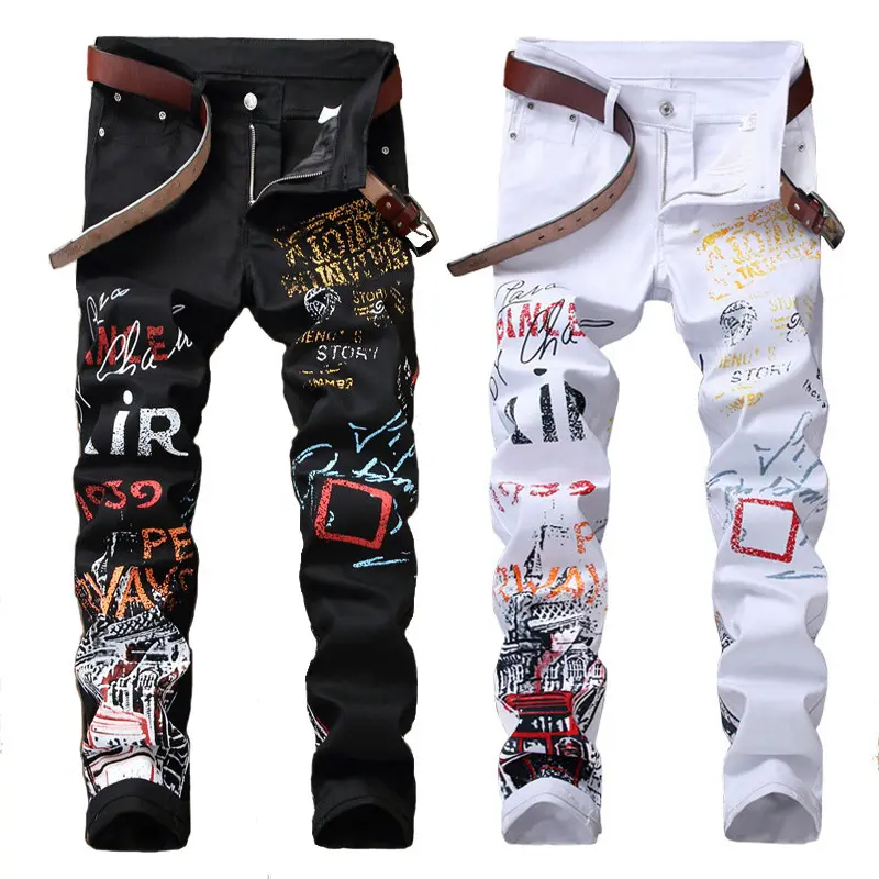 Men's Slim Fit Stretch Graphic Letters Graffiti Print Black Tapered Jeans - 2-Color Breathable Menswear Trouser, Valentine's Day Streetwear Casual Bottoms