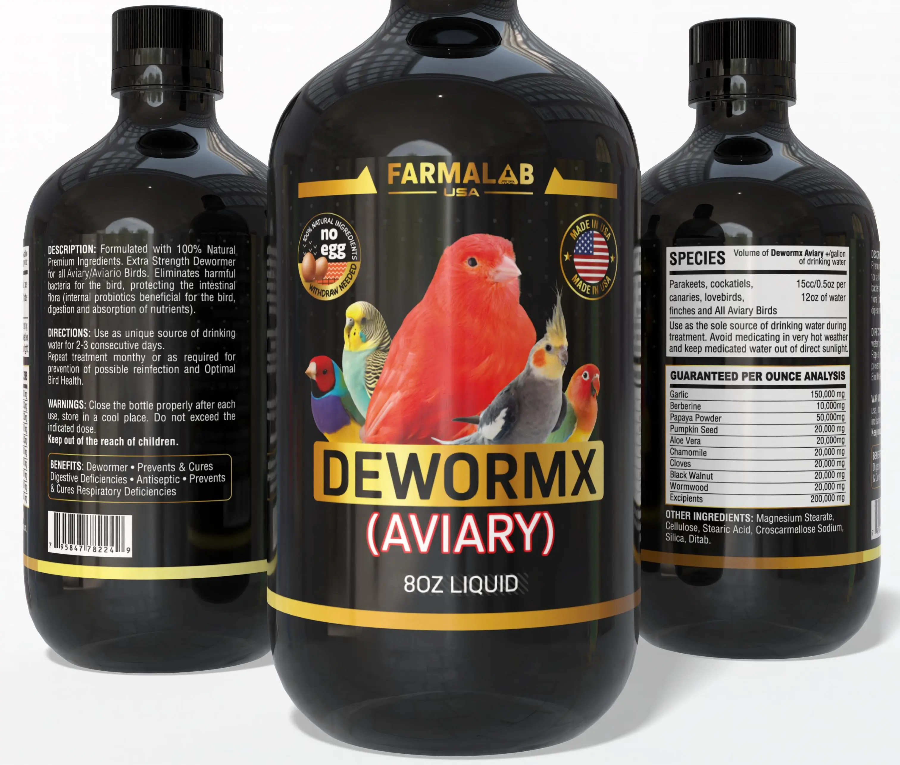 Farmalab DEWORMX Extra Strength Liquid Dewormer Bottle - 2oz,8oz Options - Add Drops - Supports 24 Months Health,Digestion & Skin & Fur Care - For 6+ Months Small Birds (Budgies,Parakeets,Finches)