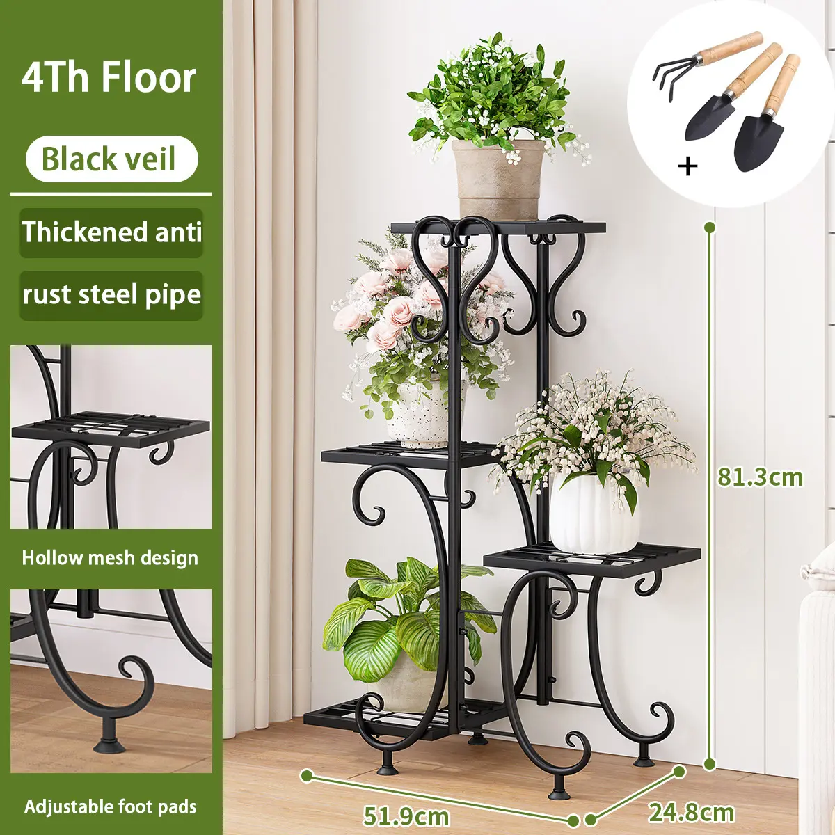 4-Tier Metal Frame Garden Plant Stand - Planter Rack, Multi-Layer Vertical Shelf with Varied Heights, Indoor Living Room & Outdoor Stands (Holds 4 Pots, Black/White/Gold), Woven Grid Pattern, Adjustable Feet