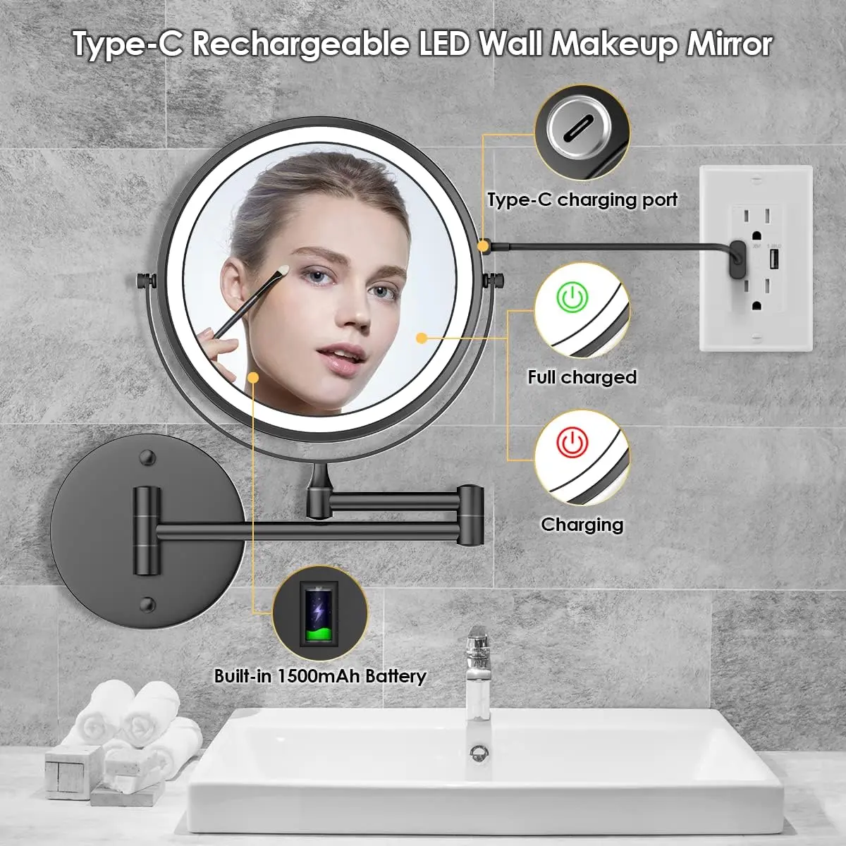 Wall Mounted Mirror with LED Lights, Magnifying 1x/10x Makeup Mirror, 8 Inch Double Sided Rotatable 360 Degrees. 3-colour light touch screen dimmable, bathroom, bedroom, living room