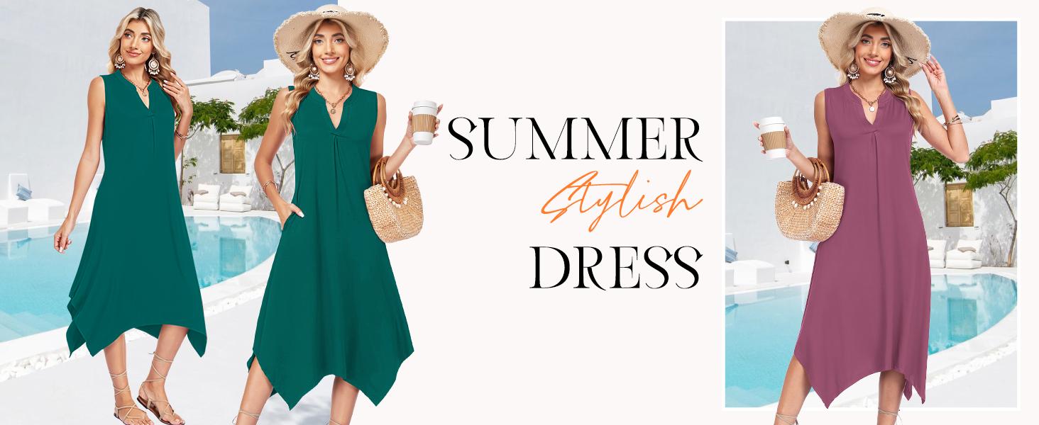 AUSELILY Summer Dresses for Women 2026 Casual Sleeveless Sundress Asymmetrical Hem Tank Midi Dress with Pockets SpringStatements