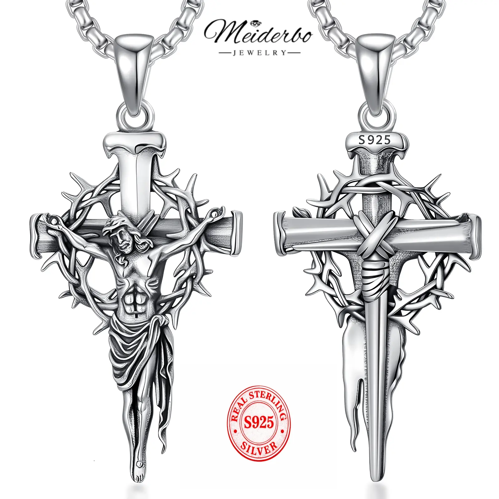MEIDERBO 925 Sterling Silver Thorn Cross Pendant, Spiritual Jewelry Necklaces for Women and Men, Christian Faith Gift for Daily Wear, 22+2 in, Pendants Necklace Chains, Cross Necklace