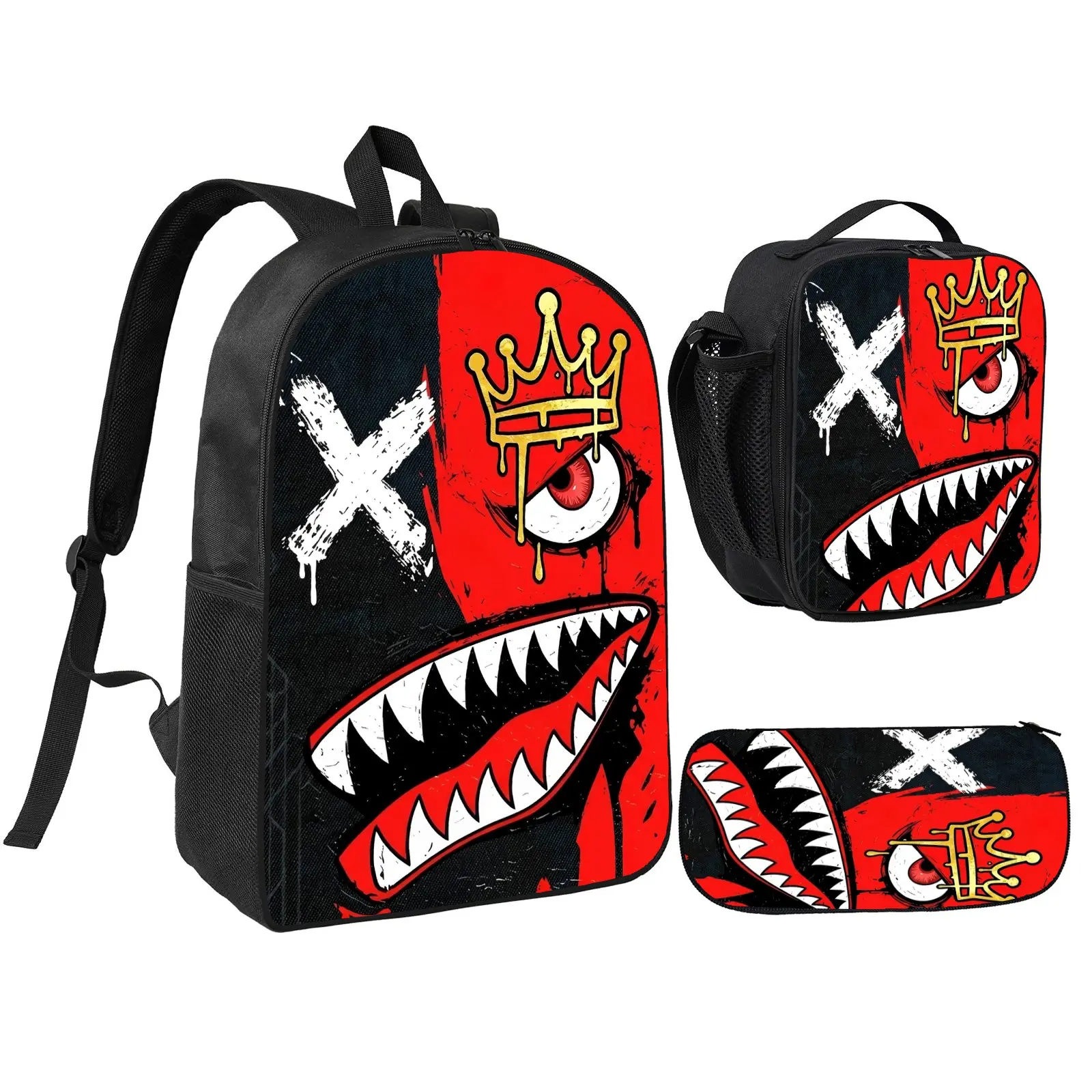 Edelweiss Backpack Set with Shark Design, Black and Red Color, Includes Lunch Box and Pencil Case, School Supply Bold Black-red Graffiti Print with Shark-like Teeth, Crowned Eye and X Motif; Streetwear Style for Adults, Commuting, Travel bag cute girl