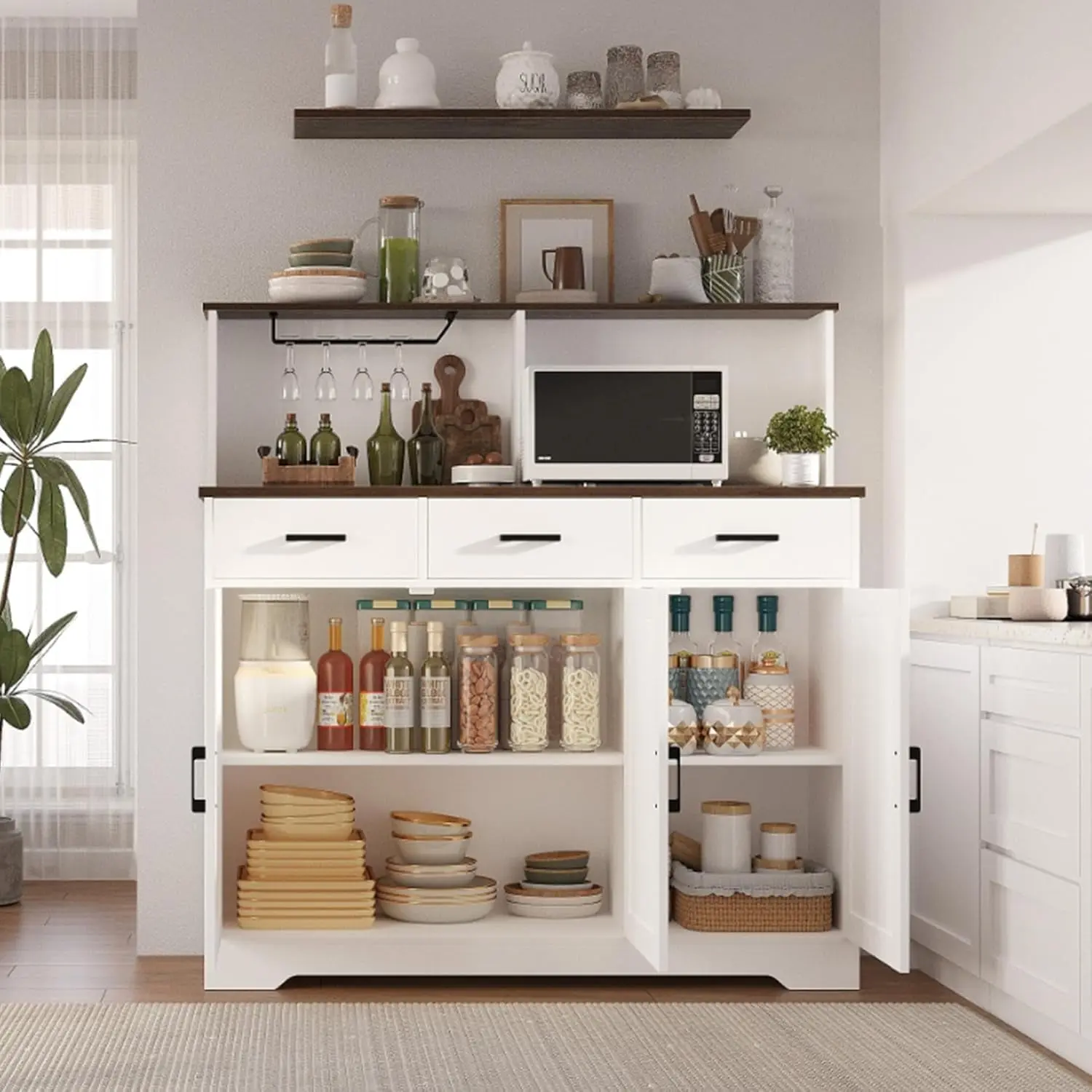 【Christmas Gift】Microwave Cabinet with Three Drawers  Double-Sided Modern Kitchen Furniture  Kitchen Storage Cabinet with Drawers and Doors Microwave Storage Cabinet Multi-Door Microwave Stand  White