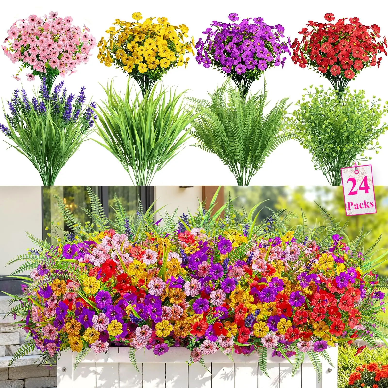 24pcs Artificial Decorative Flowers Fake Flowers Artificial Mixed Flower Outdoor Spring Decor, UV Resistant Eucalyptus Violet Lavender Silk Plants, Indoor Outdoor Garden Patio Decoration, Artificial Flower Decorations
