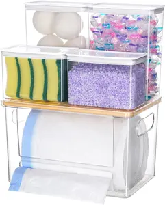 Trash Bag Dispenser Dishwasher Pods Container, 5 in 1 Garbage Bags Holder Under Sink Organizer Acrylic Laundry Pod Detergent Powder Container, Kitchen Pantry Laundry Room Organization Storage