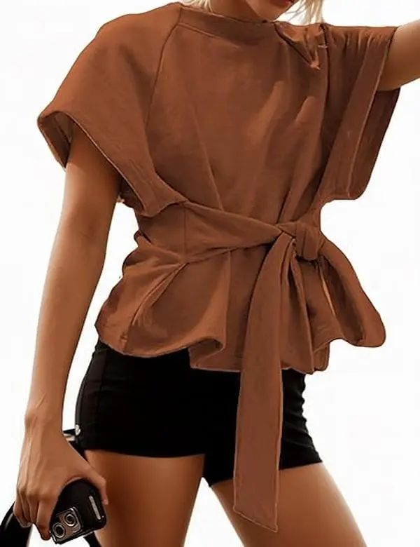 Women's Round Neck Short-Sleeve Fitted T-Shirt - Organic Fabric, Casual Fit, Knot Front, Tie Waist Slimming Athleisure Top for Daily Summer Wear
