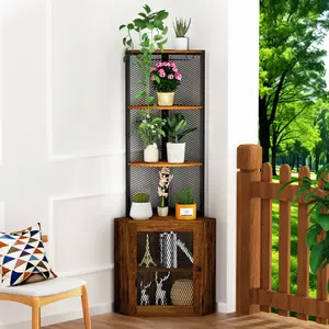 Corner Shelf with Doors, 65" Corner Cabinet with Shelves & Wine Glass Rack, 6 Tier Bookshelf Display Corner Shelves, Freestanding Corner Storage Stand for Kitchen, Living Room, Balcony